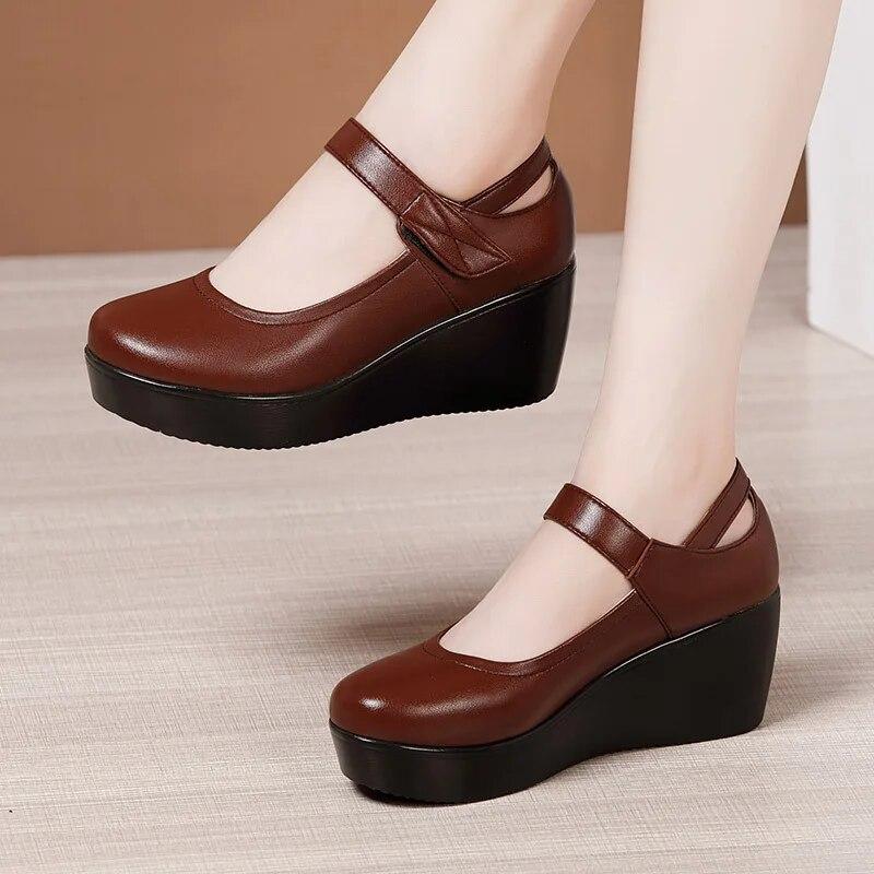 Round Toe Wedge Pumps Women Shoes Mary Jane Shoes Thick Bottom Leather Shoes Platform Pumps Fashion Brand Est Large Size