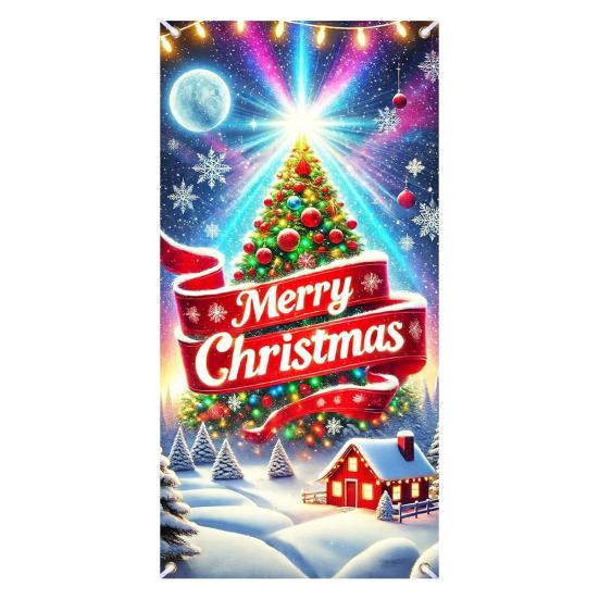Fluorescent Christmas Door Cover 71x35 Inch Glow In The Dark Door Banner with Santa Tree Gift Box for Winter Front Door Party Wall Decor