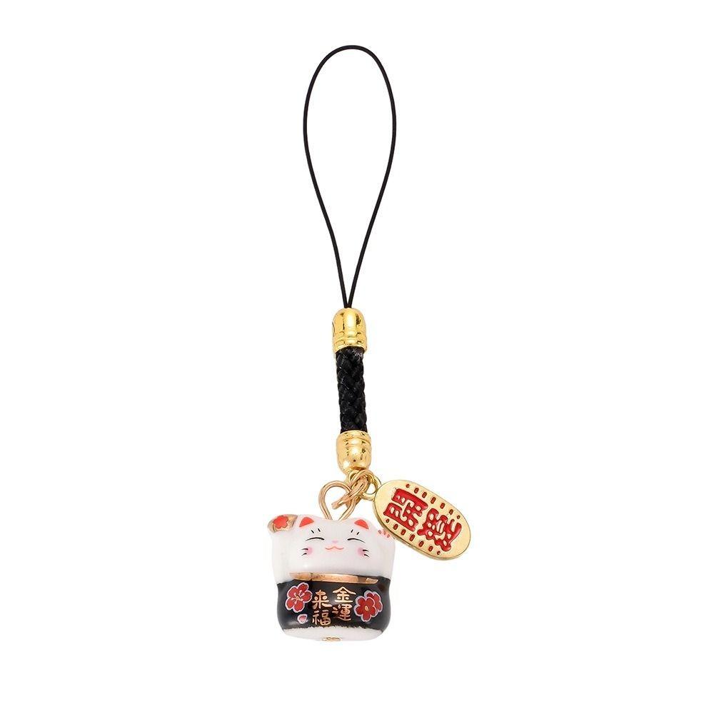 Chinese Style Ceramic Lucky Cat Phone Charms Metal Fortune Maneki Neko Phone Chain Cartoon Trinket Lucky Cat Pendant