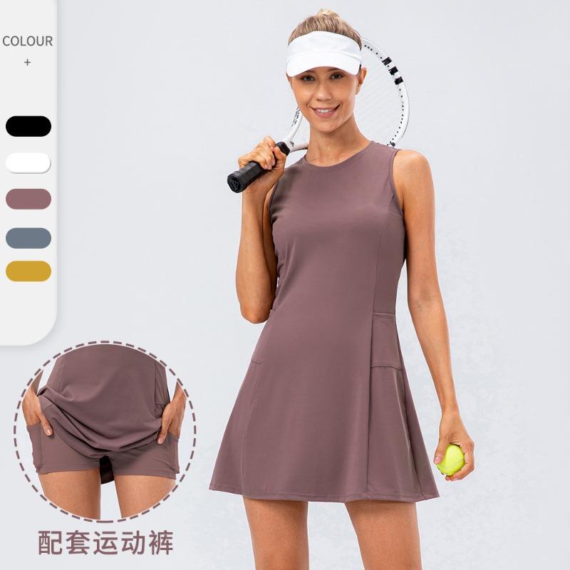 Women Tennis Dress Yoga Fitness Outfit, Naked Feel Breathable Anti-Chafing Golf Sports Skort Two Piece Set