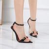12 см Металлические Высокие Каблуки Шпильки Сексуальные Летние Босоножки Женские Туфли Ремешок на Щиколотке Фетиш Острый Носок Черные Слингбэки Унисекс Обувь