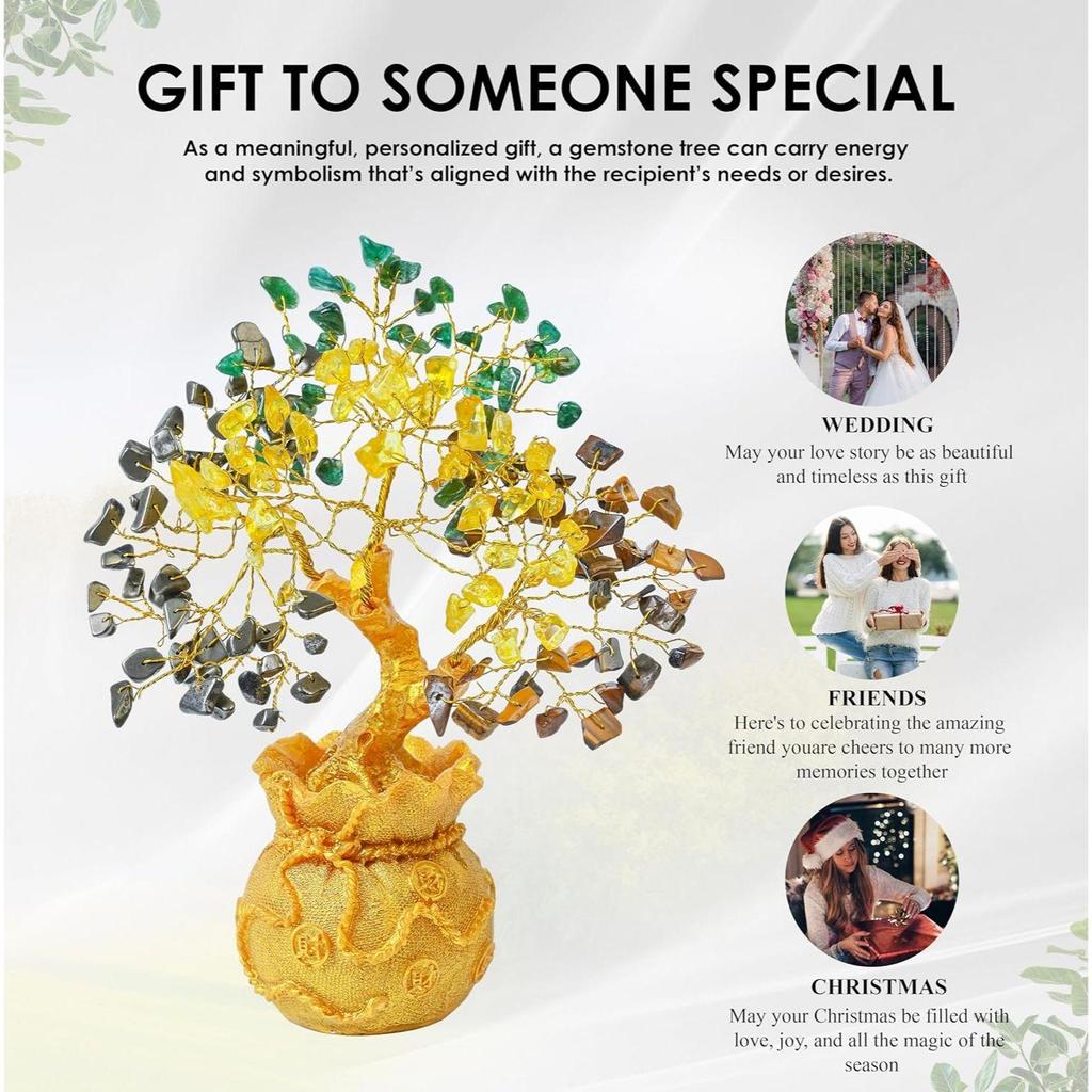 Money Magnet Crystal Tree Pyrite, Green Aventurine, Citrine, Tiger Eye Tree of Life Bonsai - Feng Shui Gold Crystal Ornaments for Prosperity
