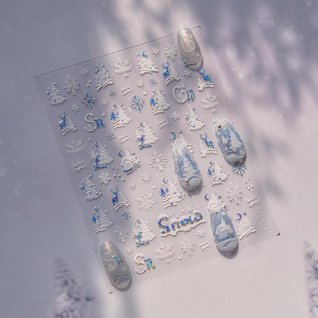 Детские японские наклейки для ногтей с горячим тиснением Tomoni - Снежная ночь в сосновом лесу.