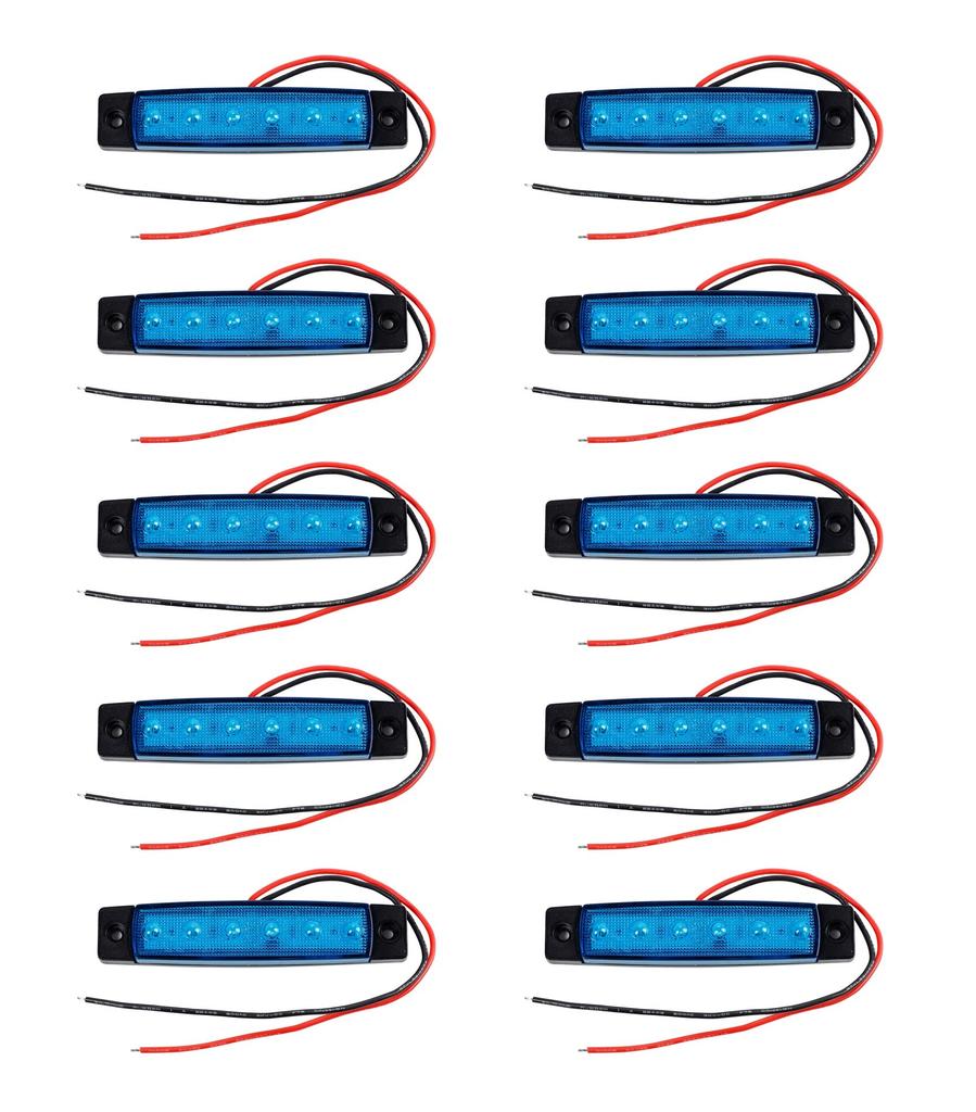 24V Car Blue LED Side Marker Lamp, 6 Rows General Purpose, Set of 10,