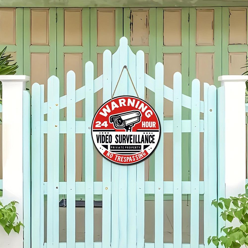 1pc Retro Circular Wooden Sign - 8x8 Inch 24-Hour Video Surveillance Warning Sign for Home Security, Durable Metal Wall Decor for Room, Bathroom, Bar