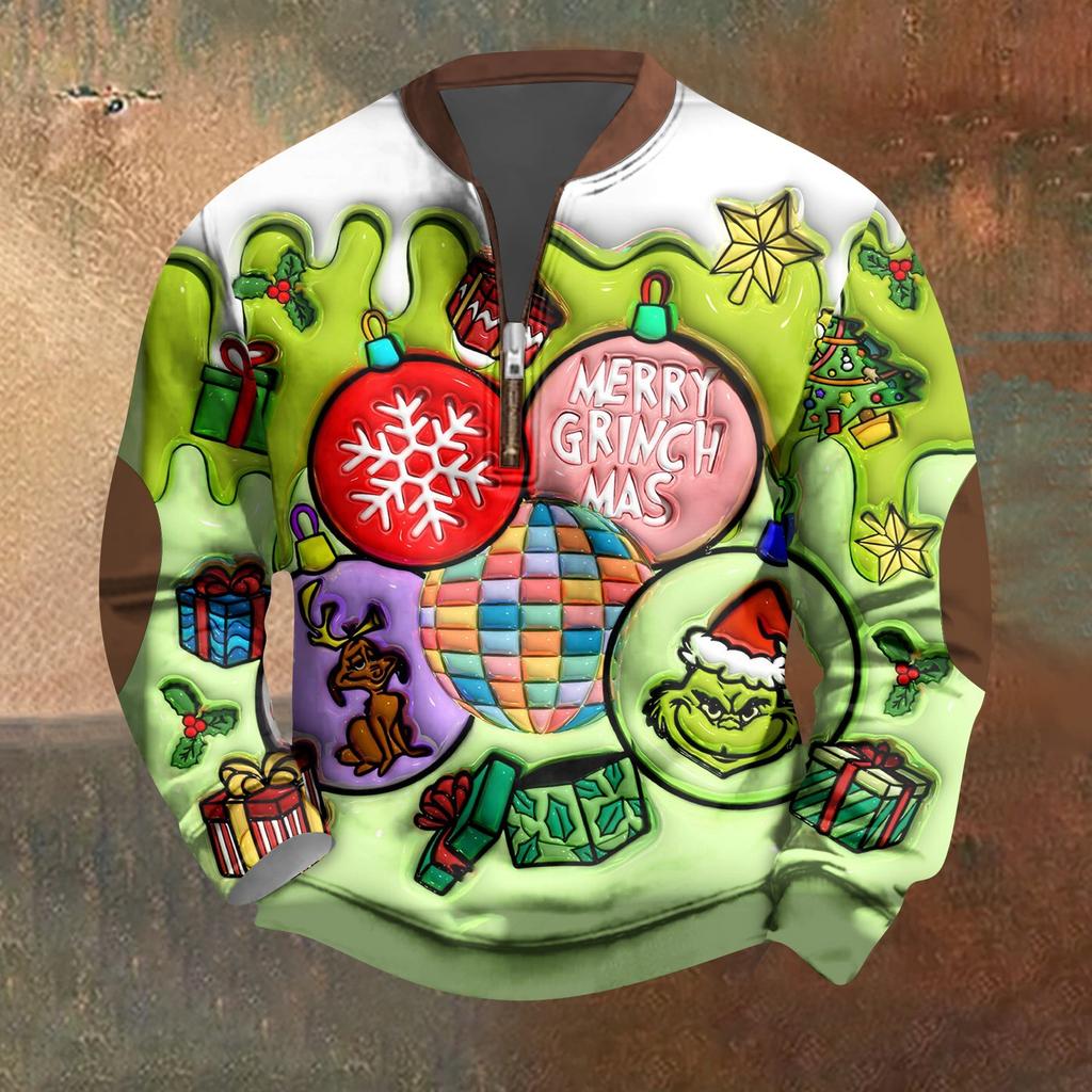 Мужская винтажная зеленая рождественская повседневная толстовка на молнии с трехмерным принтом, пуловер