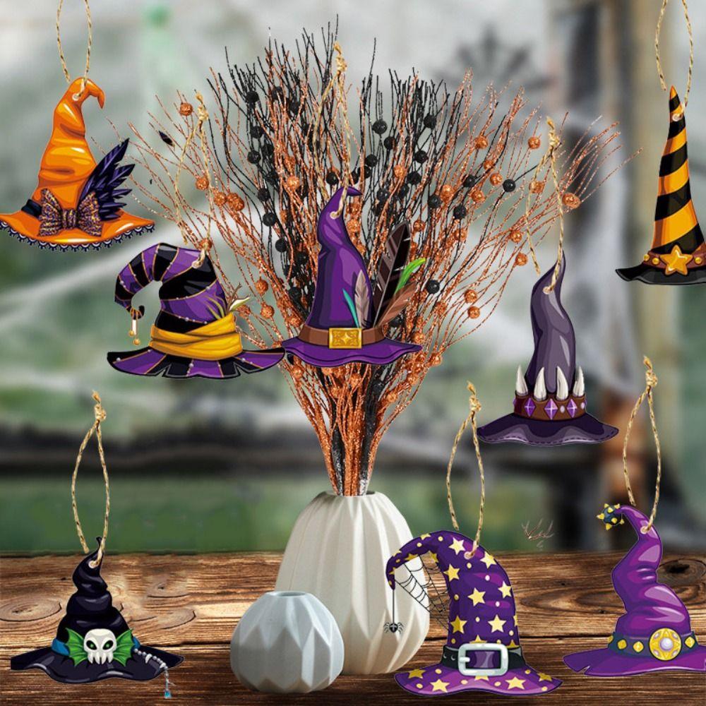 8Pcs Funny Witch Hat Hanging Paper Halloween Hanging Tag Haunted House