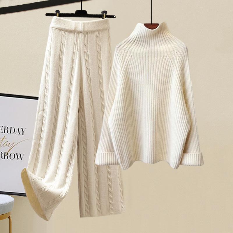Women's Thickened Vest Turtleneck Knitted Sweater Wide Leg Pants Three Piece Autumn Winter Suit