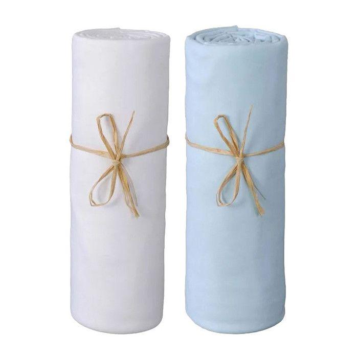 Lot de 2 Draps housse lit bébé 60 x 120 cm / 100% coton / 57 fils/cm² - 1 Blanc + 1 Ciel