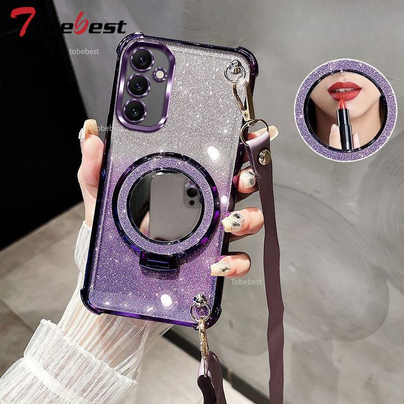 For Samsung Galaxy A16 A26 A36 A56 A06 A15 A25 A35 A55 A14 A24 A34 A54 4G 5G Case Crossbody Lanyard Plating Mirror Holder Cover