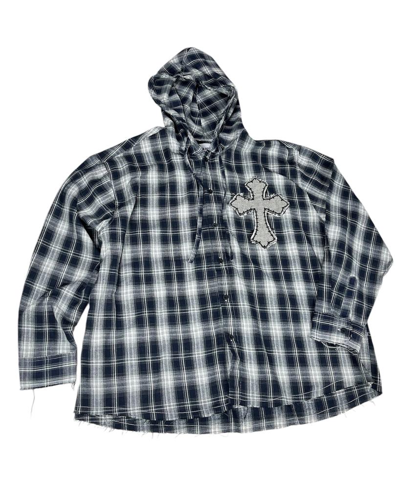 SK8ER ROCK Cross Cut-Off Tartan Check Hoodie Shirt ((Navy))