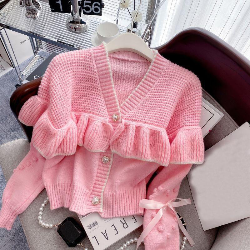 Cardigan Sweater 2023 New Slim V-neck Ruffled Knitted Shirt for Women Cardigan Sweater Unique and Western Cardigan Sweater Coat
