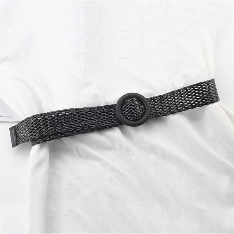 Summer Wide Braided Belt Women Woven Straw Belt with Round Wooden Buckle Waist Belt