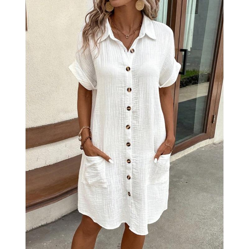 Fashion Short Sleeve Women Summer Shirt Dress New Elegant Lapel Loose Plus Size Simple Button Casual Party Dresses Single Breasted Women's Clothing