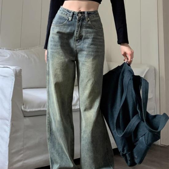 Женские джинсы с высокой талией, застежка-молния и пуговицы, сплошной цвет, свободные широкие брюки длиной до пола, ретро-стрессовые прямые карманы, мягкие цветные женские джинсовые брюки