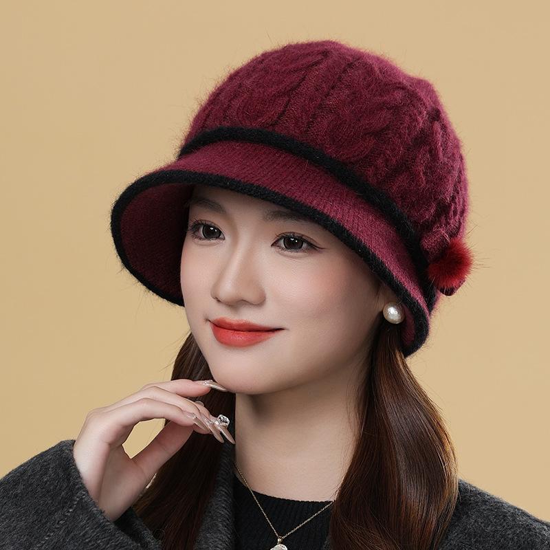 Autumn and winter middle-aged and elderly hats female rabbit fur knitted wool hats thermal basin hats grandma hats winter mother hats
