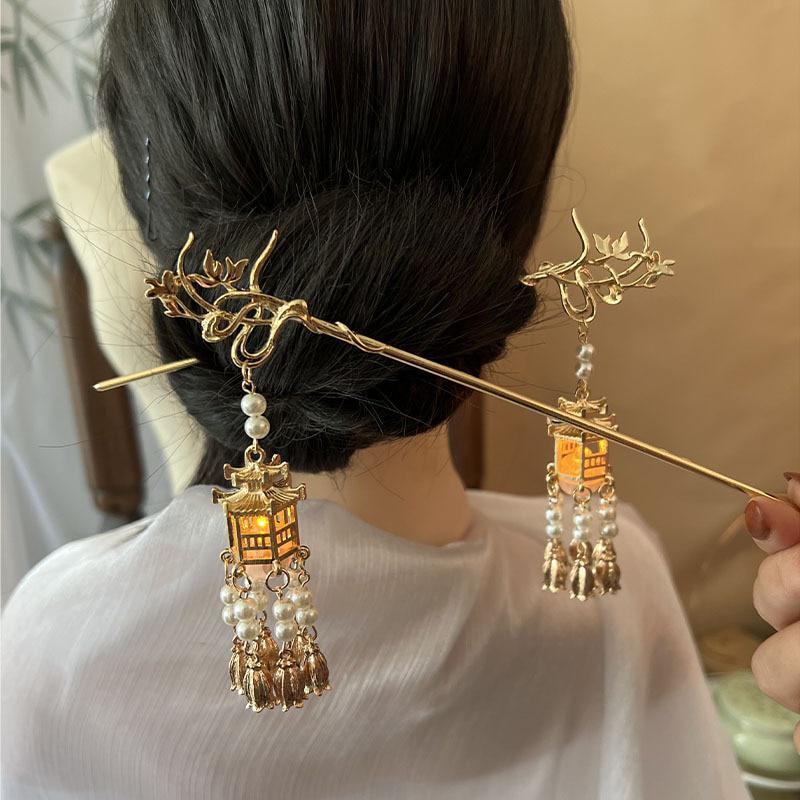 Заколка для волос в старинном стиле, 1 шт., китайский дворец, фонарь, шпилька для волос, вилки, ретро, золотой цветок лотоса, кисточка, головной убор для женщин и девочек
