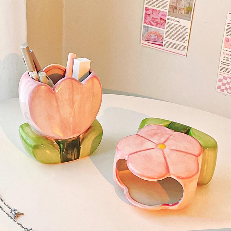 Керамика Настольный настольный контейнер в форме тюльпана-органайзер Косметическая щетка Разные аксессуары
