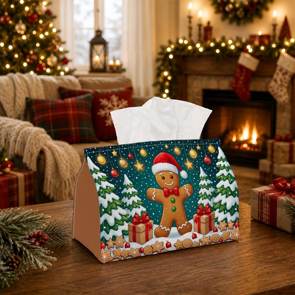1pc Traditional Winter Wonderland Tissue Box - Gingerbread for Man Pine Tree Gift Napkin Storage Box, Suitable for Rolls/facial Tissues/single Sheets,