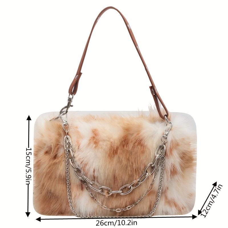 Classic Tie Dye Plush Satchel Bag, Women's Novelty Handbag, Faux Fur Chain Decor Purse For Winter