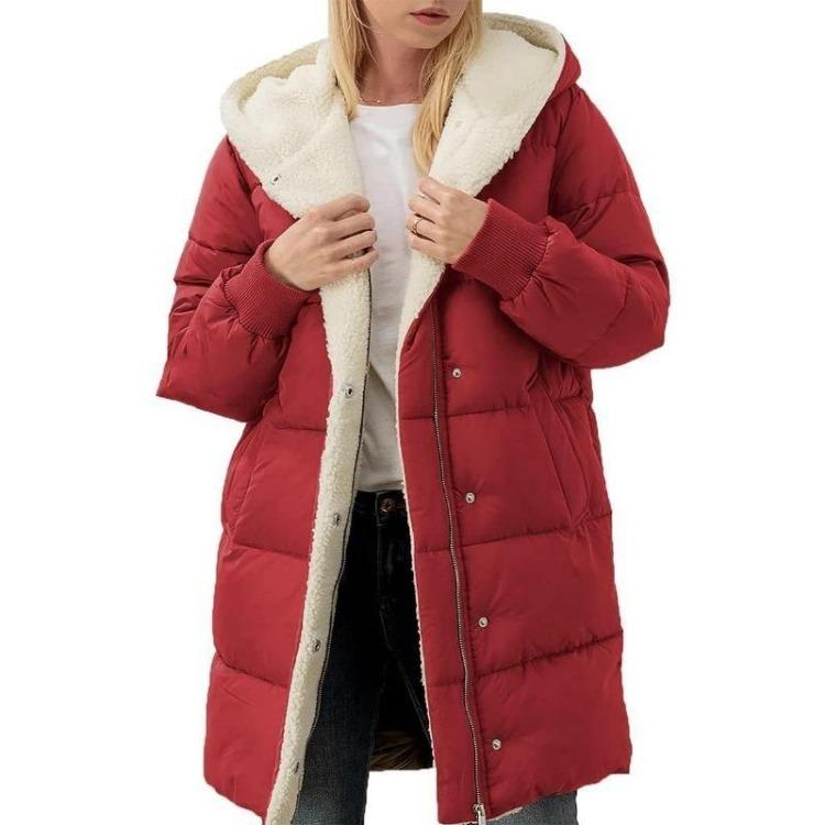 Windproof Winter Women Coat with Thick Fleece Lining Hooded Down Jacket Zipper Cardigan