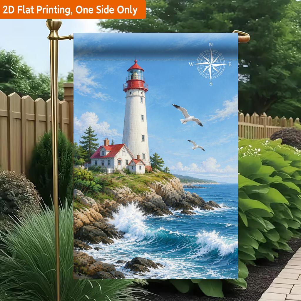 2D Flat - 2D Flat Printing Garden Flag 1pc, Lighthouse Waves Birds Scenery Durable Single-Sided Print Yard Flag, Garden & Home Holiday Decoration, 29.