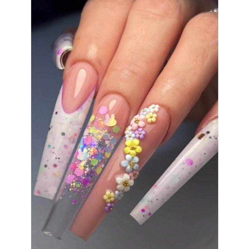 12 Ячеек/Коробка Цветные Мини Цветы Шармы для Ногтей 3D Акриловые Цветочные Украшения для Маникюра С Жемчугом Золотые Серебряные Бусины для Ногтей Декор для Маникюра