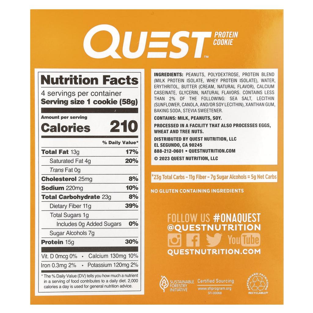 Quest Nutrition Protein Cookies, Peanut Butter, 4 Packs, 2.04 Oz (58 G) Each