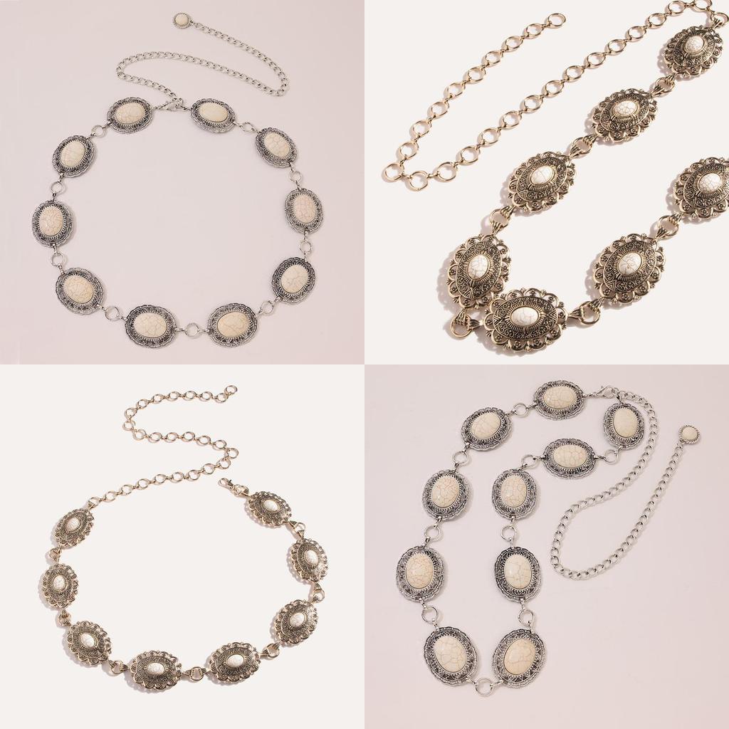 Металлический пояс в готическом стиле с замысловатой гравировкой и акцентом из имитации белой бирюзы для женщин