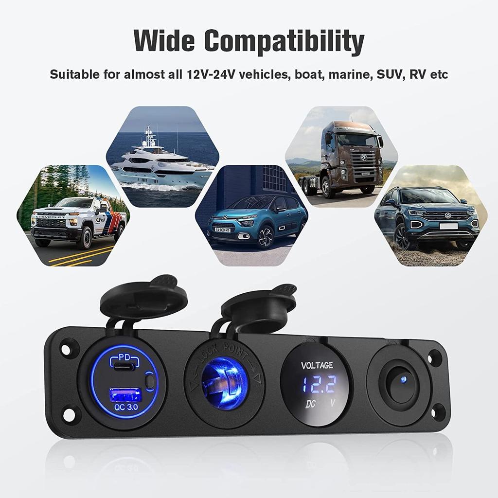 4 In 1 Panel PD QC3.0 USB Car Charger LED Voltmeter Power Socket Power Outlet Toggle Switch for Truck Car Boats RV
