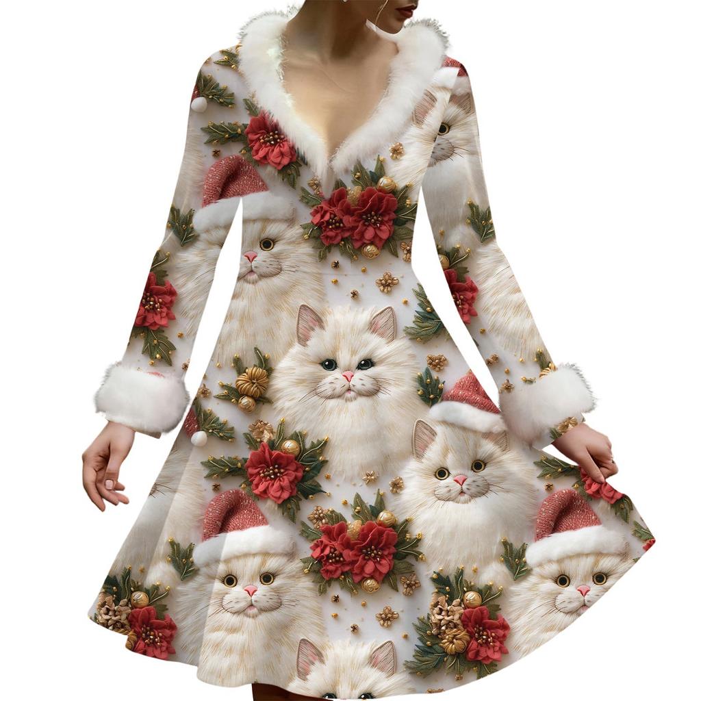 Женское повседневное платье с V-образным вырезом, рождественским принтом, плюшевыми длинными рукавами