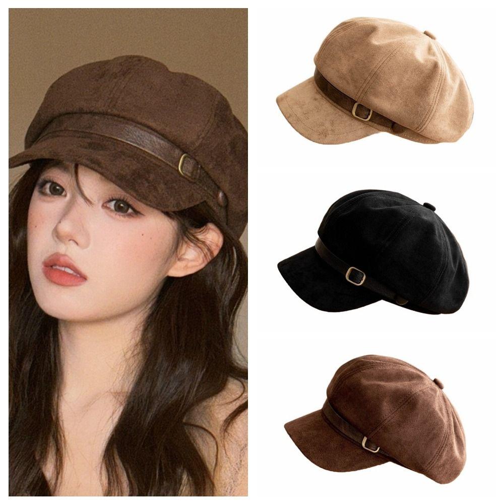 Flat Top Suede Berets Warm Women Octagonal Hat Vintage Artist Hat Daily