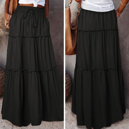 Женские летние юбки в стиле бохо с высокой талией, эластичным поясом, плиссированные длинные юбки, однотонные юбки макси в стиле бохо, юбки-трапеции с оборками