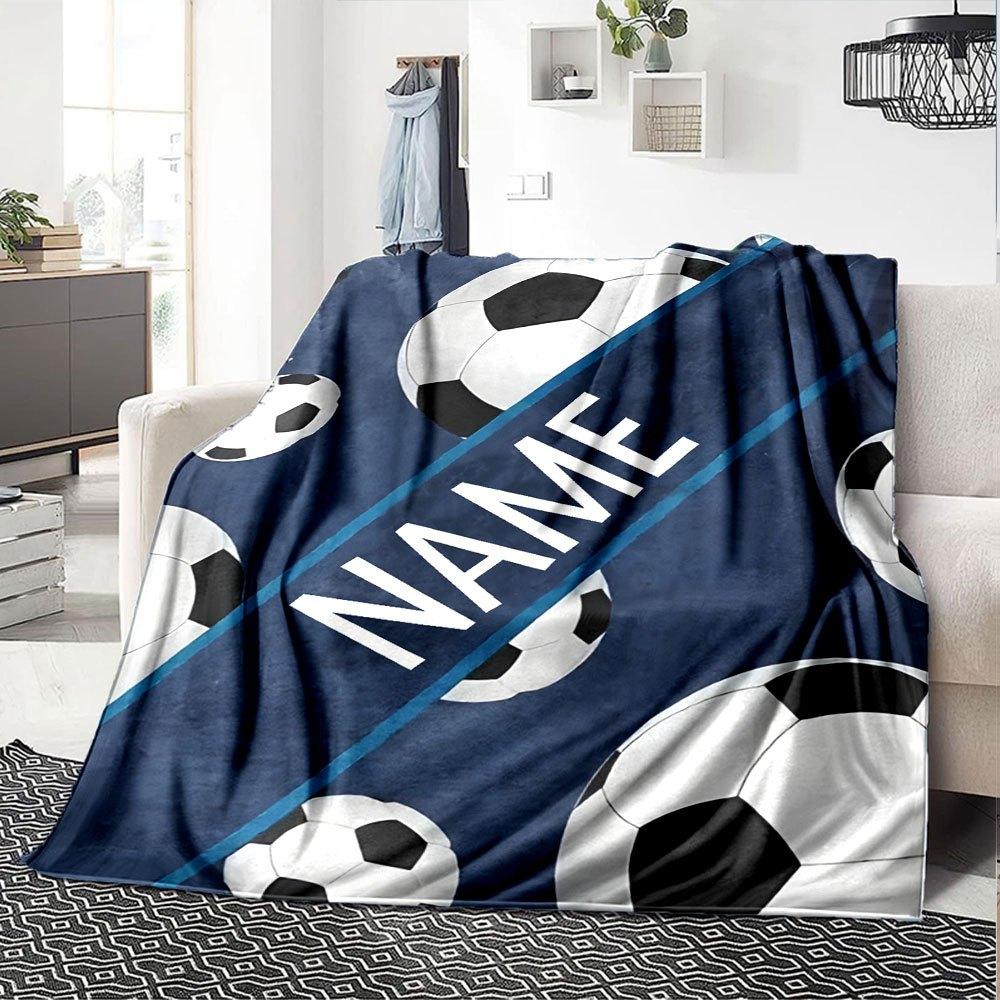 Soccer Ball Pattern With Space On Blue Background Gift Customizable Blanket Personalized Text Soft Cozy Versatile For Sofa Couch Office Bed Picnics