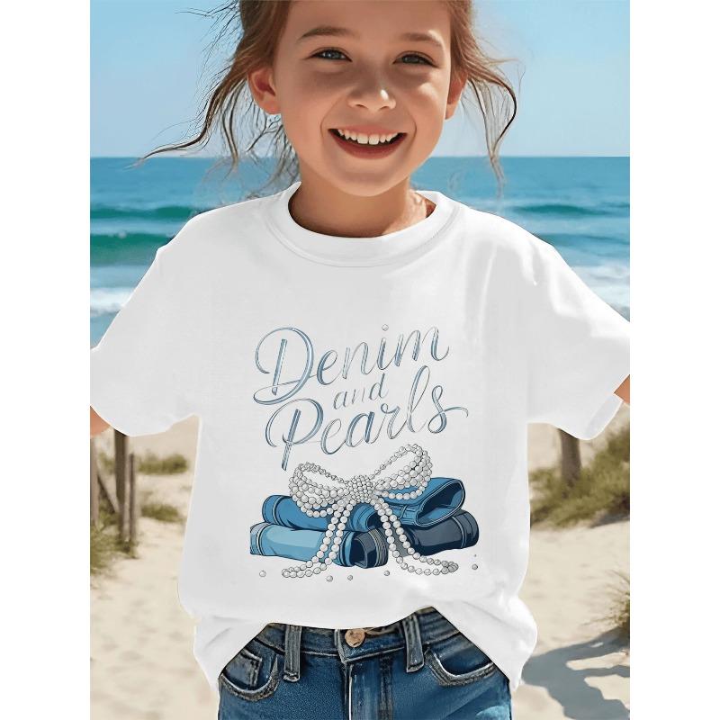 Girls Crewneck Short Sleeve Tee, Denim Pearls Cursive Graphic Lightweight Top