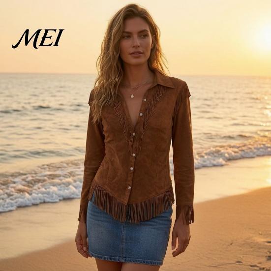Long Sleeve Blouses Women Tassel Shirt for Autumn, Button Down Slim Fit Fringe Casual Tops Blouse, Solid Color Top, Western Cowgirl Outfit Blouse