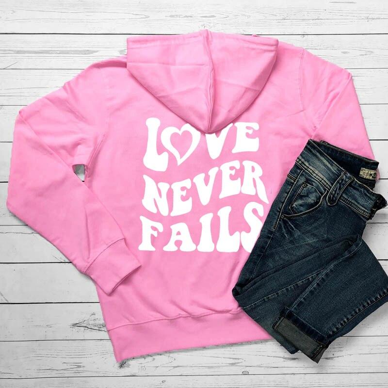 Женские толстовки Love Never Fails, вдохновляющие модные эстетические 100% повседневные джемперы с карманами и карманами Tumblr