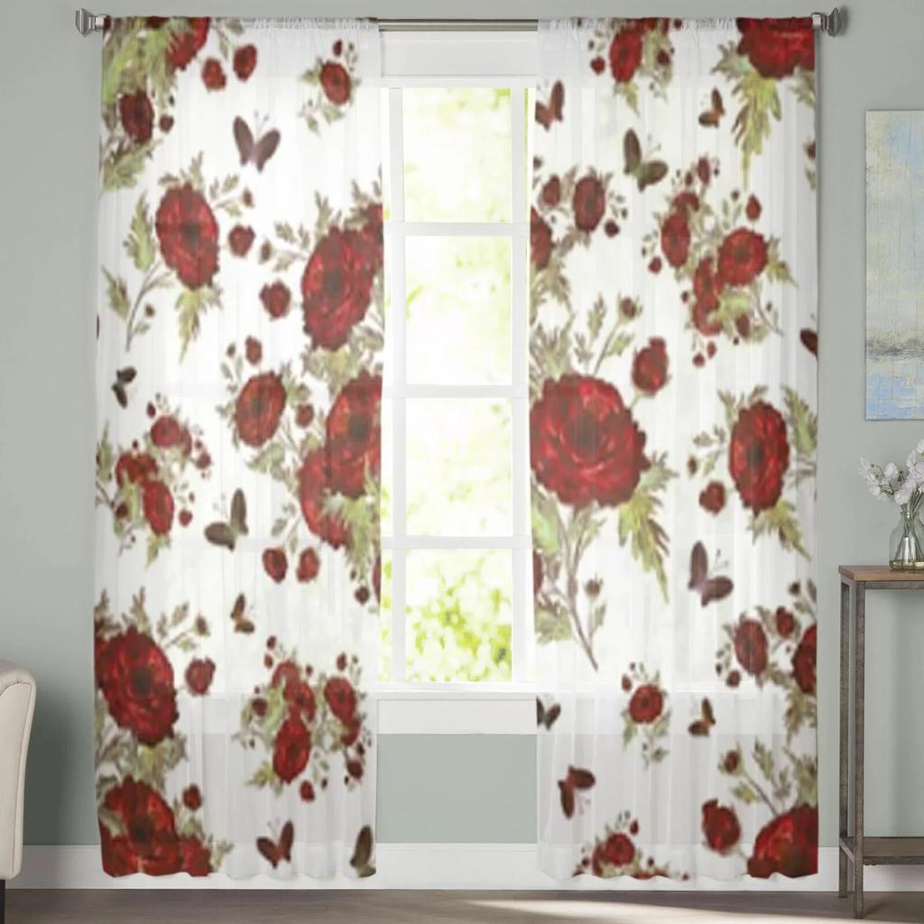 Bouquets Of Roses And Butterflies Sheer Curtains For Living Room Window Transparent Voile Tulle Curtain Bedroom Drapes