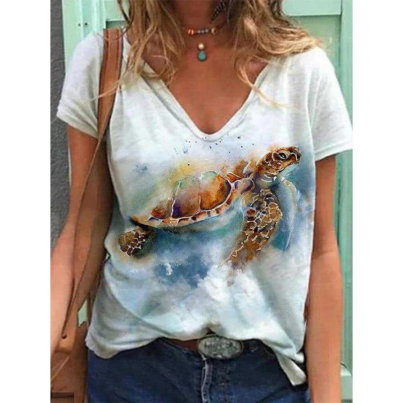 Женская футболка с V-образным вырезом и 3D-принтом в виде дельфина. Модная футболка с короткими рукавами и принтом.