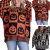 Halloween Spooky Sweater Plaid Pumpkin Ghost Pattern Knitting Tops Oversized Crew Neck Long Sleeve Pullover Tops Knitwear
