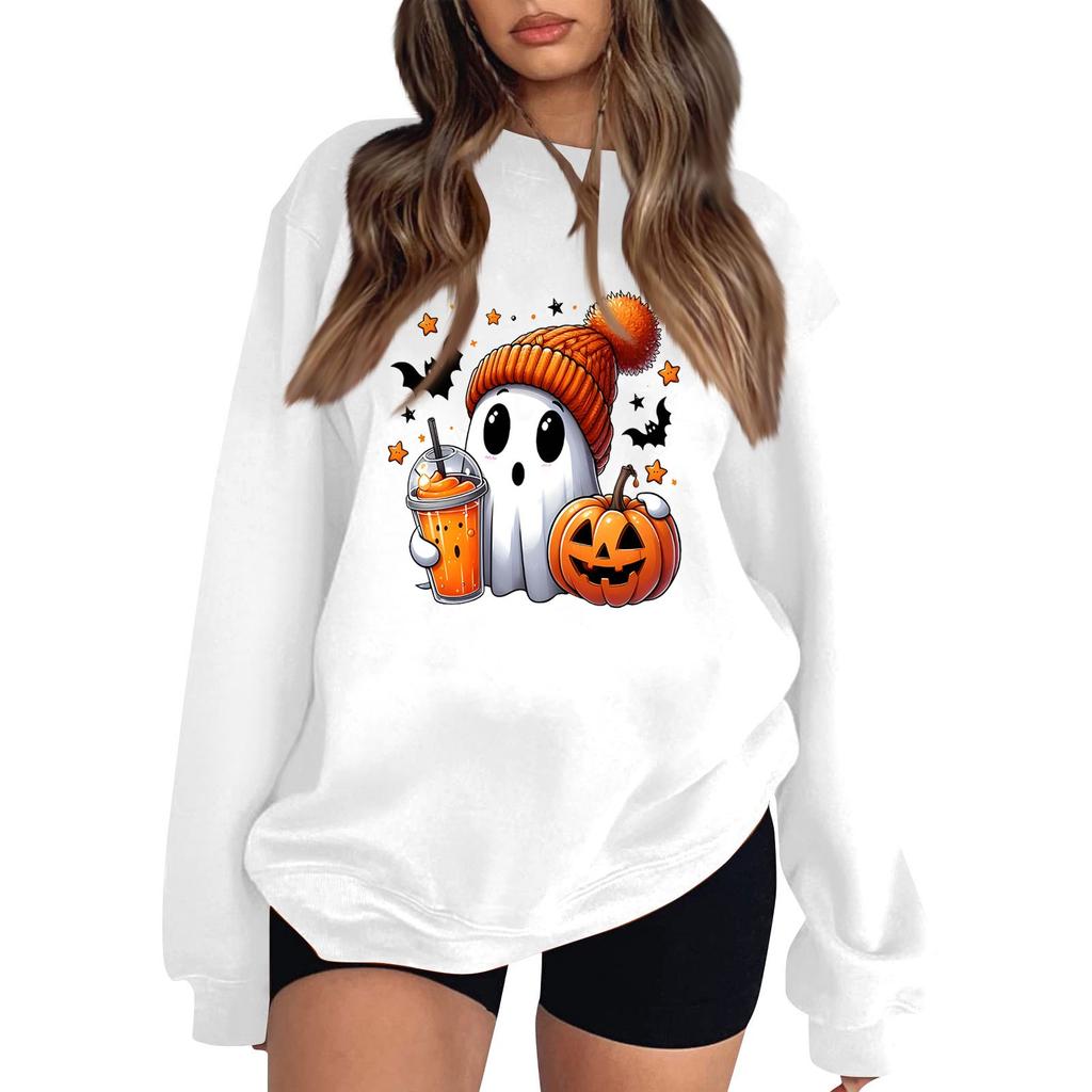 Women's Round Neck Long Sleeve Pullover Halloween Printed Top Sweatshirt