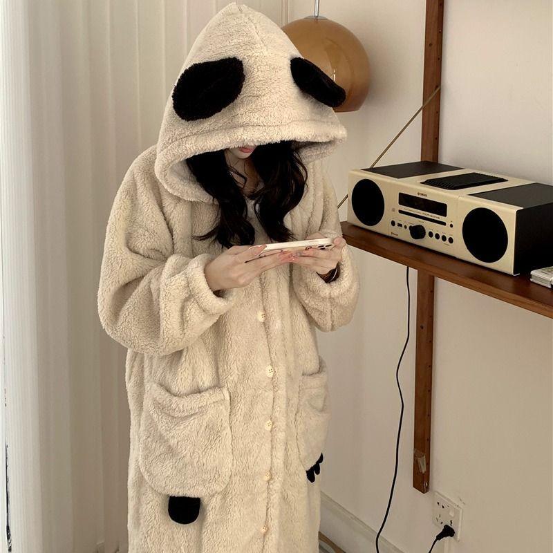 New Bear Coral Fleece Pajama Women Autumn Winter Sleepwear Fleece Thick Cute Flannel Loungewear Set Round Hooded Homewear