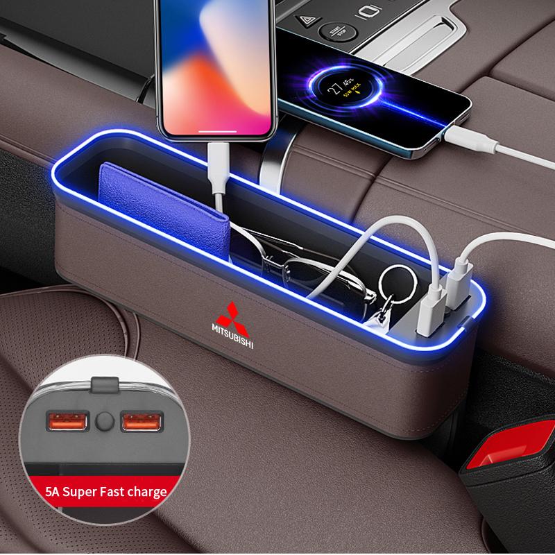 Car Seat Gap Organizer USB Charging Multifunction Storage Box For Mitsubishi Outlander Pajero Asx Lancer EX Evolution X Ralliart