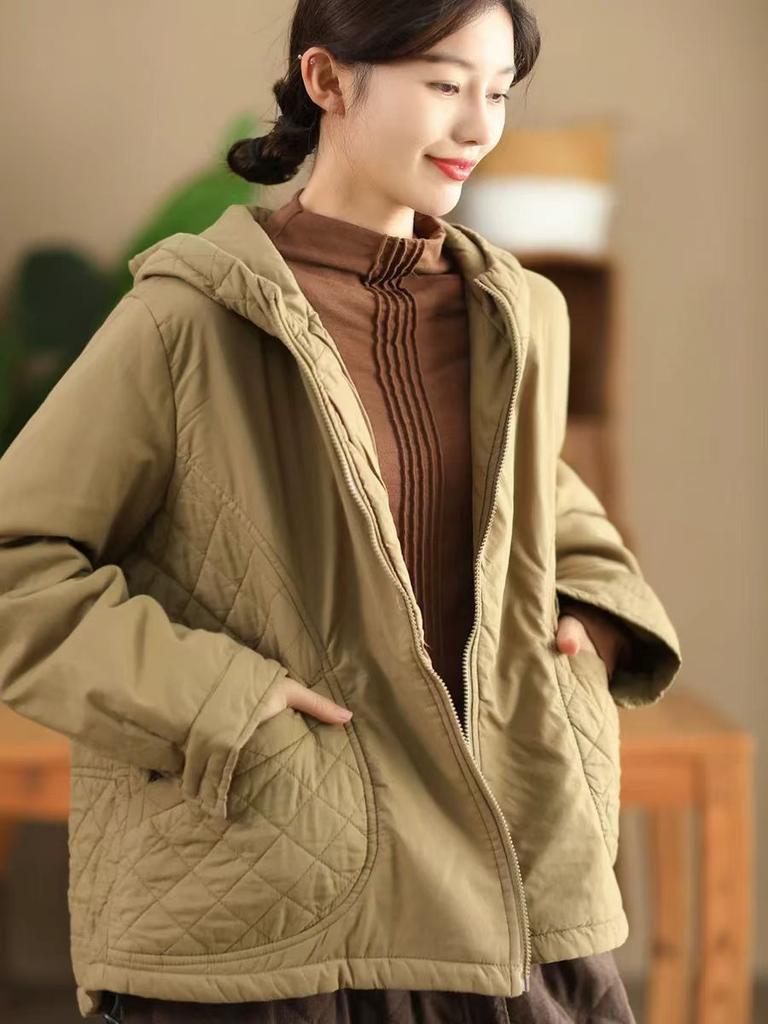 Johnature Женские винтажные куртки с капюшоном на молнии, однотонные, зимние, пэчворк, с карманами, повседневные, теплые куртки, пальто