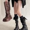 Women'S Platform Motorcycle Boots Buckle Strap Thick-Soled Boots Feamle New Black Pu Leather Western Knight Botas Mujer