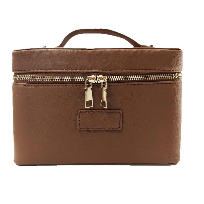 Portable Cross-Grain Leather Cosmetic Bag with Gold Hardware - Makeup and Skincare Travel Organizer