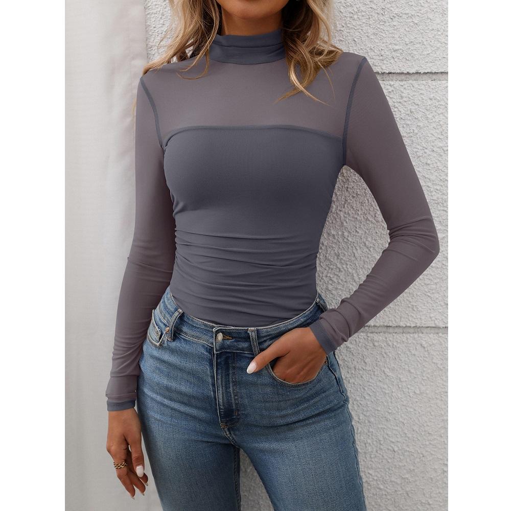 Женские весенние базовые футболки, топы, сетчатые прозрачные длинные рукава, водолазки, тонкие футболки