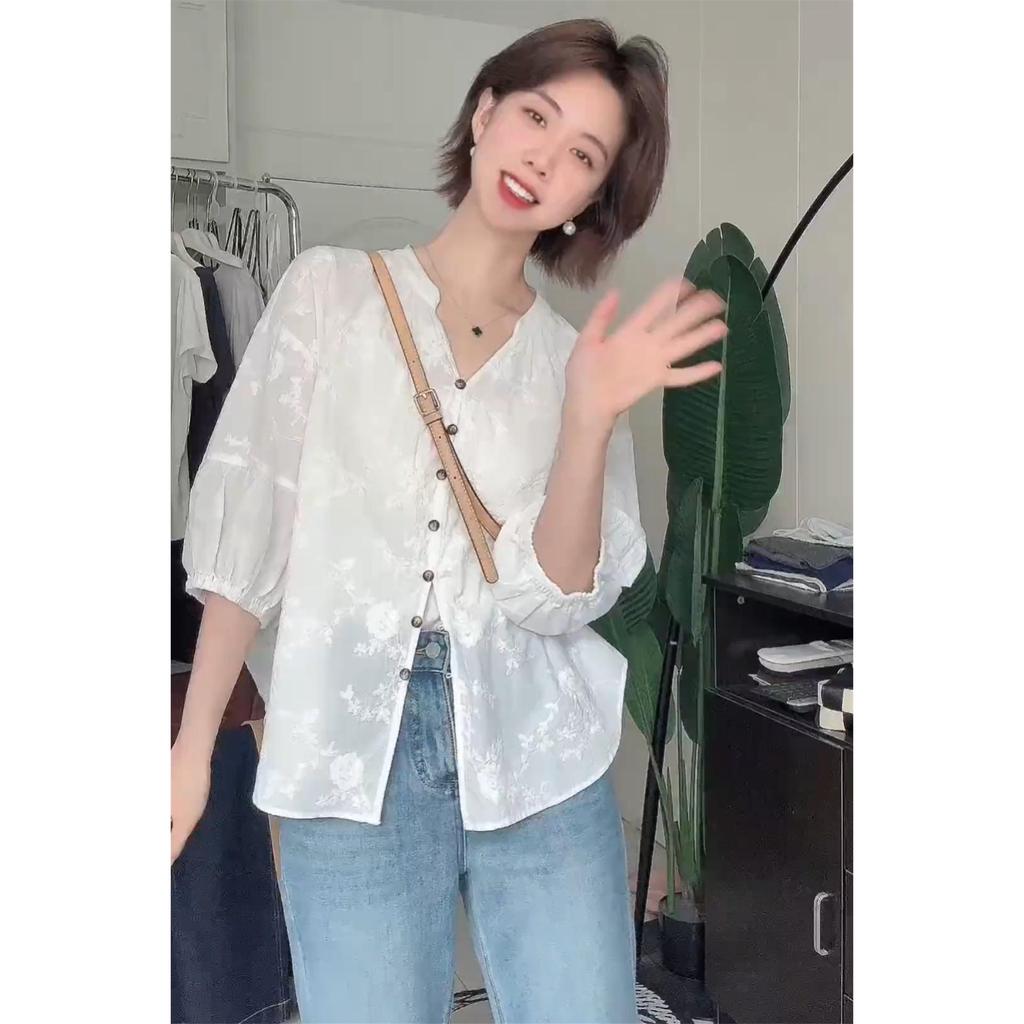 Элегантный вышитый женский топ с рукавом семь восьмых, лето 2025