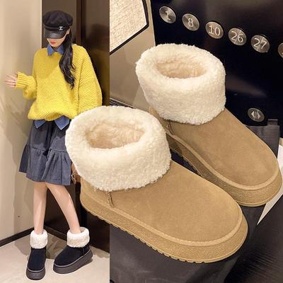 Женские зимние ботинки на толстой подошве с пушистой отделкой 2025: Новый Осенне-Зимний Повседневный, Плюс Бархат, Теплый Хлопок, Большой Размер