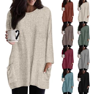 Свитшоты для женщин с длинным рукавом и круглым вырезом, пуловеры, повседневные однотонные туники с карманами